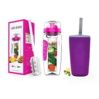 BPA Free Tritan Plastic Water Bottle 32 oz with Long Infuser Basket  fruit infuser water bottle with Sleeve, Cleaner Brush